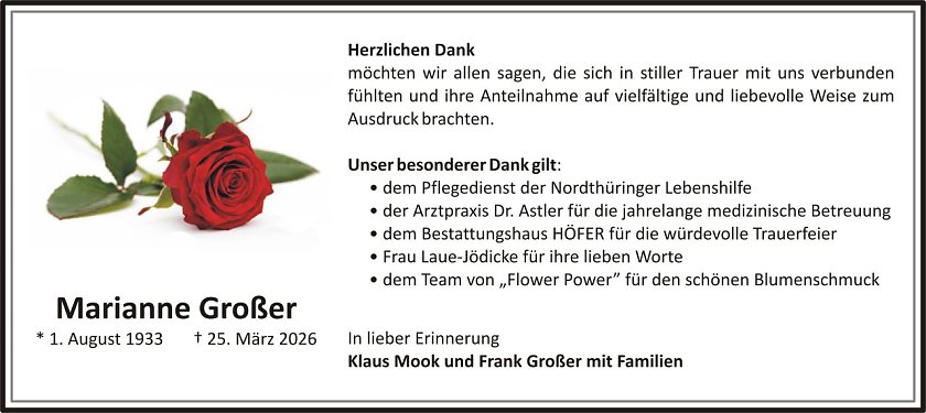 Dankanzeige Marianne Gro&szlig;er (Foto: keine Angaben)