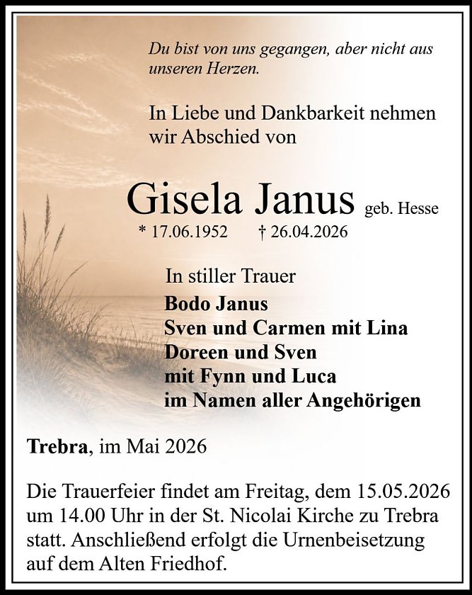 Traueranzeige Sterbefall Gisela Janus (Foto: Bestattungshaus PENSELER)
