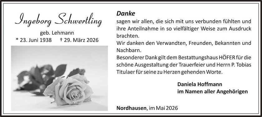 Dankanzeige Ingeborg Schwertling (Foto: keine Angaben)