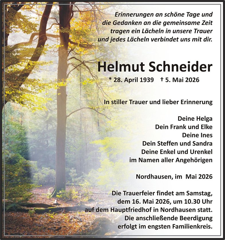 Traueranzeige Helmut Schneider (Foto: keine Angaben)