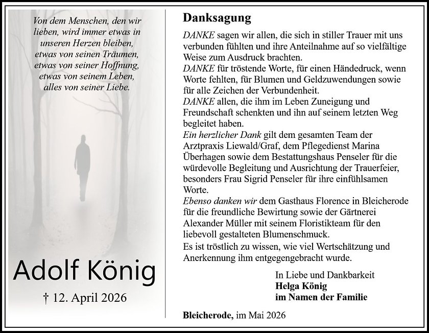 Danksagung im Trauerfall Adolf K&ouml;nig (Foto: Bestattungshaus PENSELER)