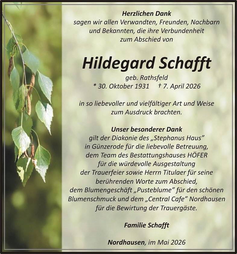 Dankanzeige Hildegard Schafft (Foto: keine Angaben)