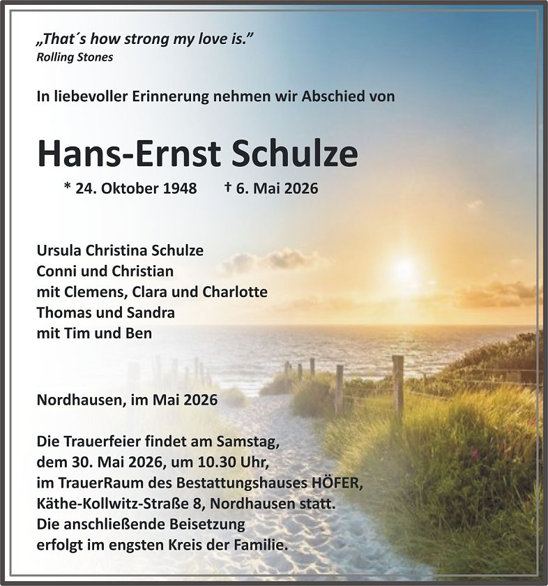Traueranzeige Hans-Ernst Schulze (Foto: keine Angaben)