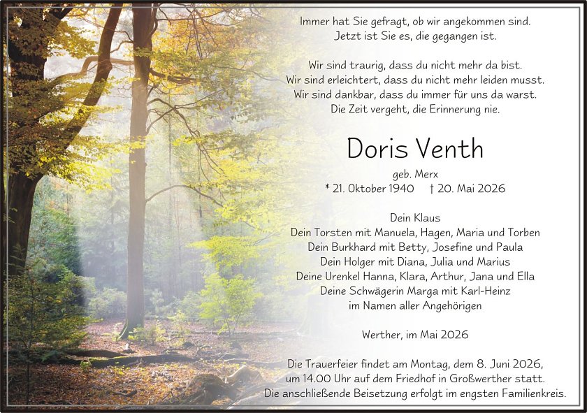 Traueranzeige Doris Venth (Foto: keine Angaben)