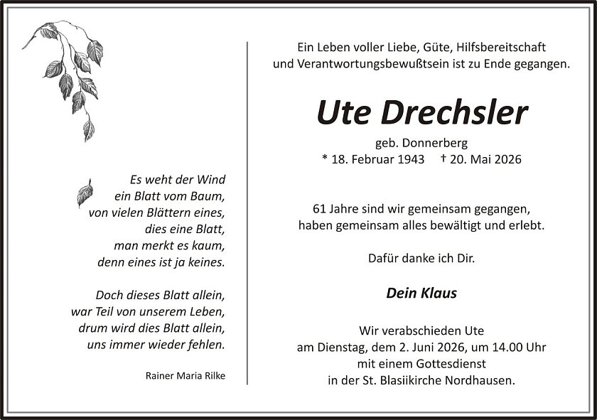 Traueranzeige Ute Drechsler (Foto: keine Angaben)