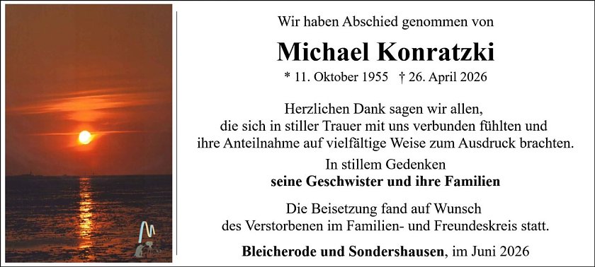 Danksagung im Trauerfall Michael Konratzki (Foto: Bestattungshaus PENSELER)