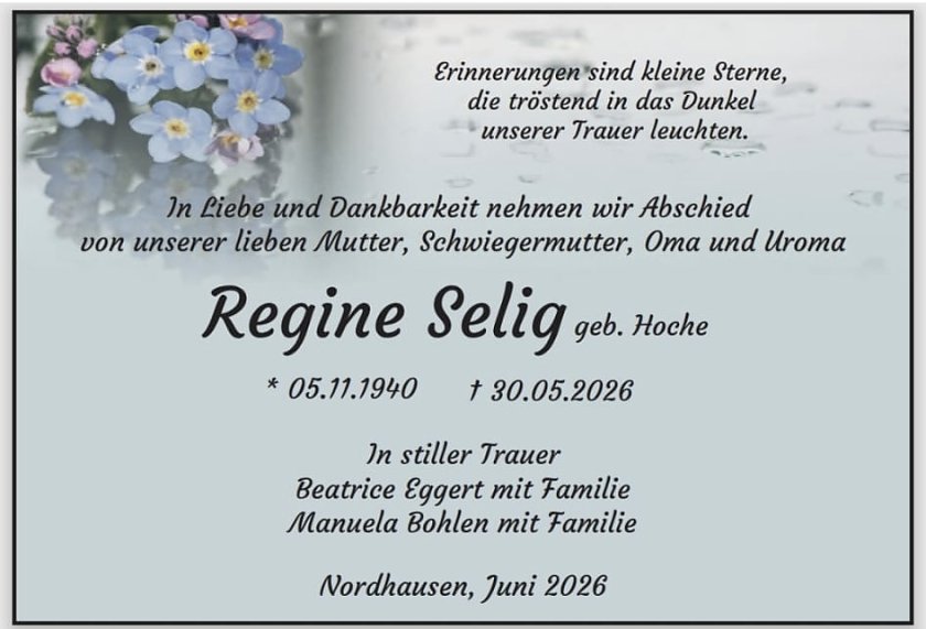 Traueranzeige Regine Selig (Foto: privat)
