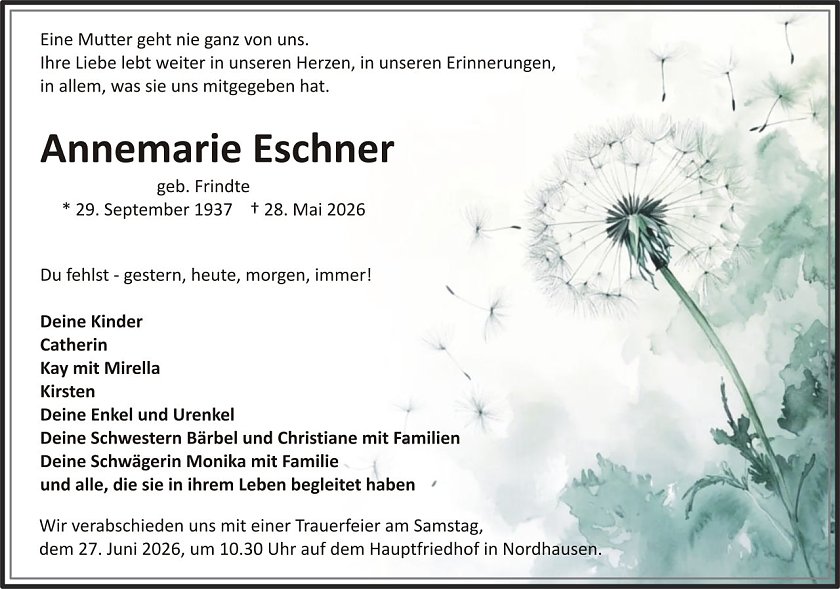Traueranzeige Annemarie Eschner (Foto: keine Angaben)