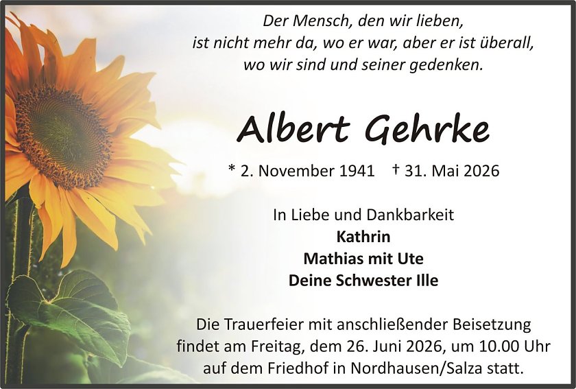 Traueranzeige Albert Gehrke (Foto: keine Angaben)