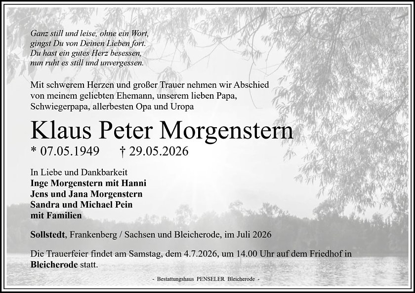 Traueranzeige im Sterbefall Klaus Peter Morgenstern (Foto: Bestattungshaus PENSELER)
