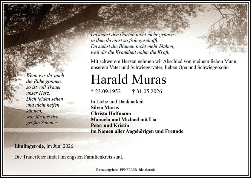 Traueranzeige im Sterbefall Harald Muras (Foto: Bestattungshaus PENSELER)