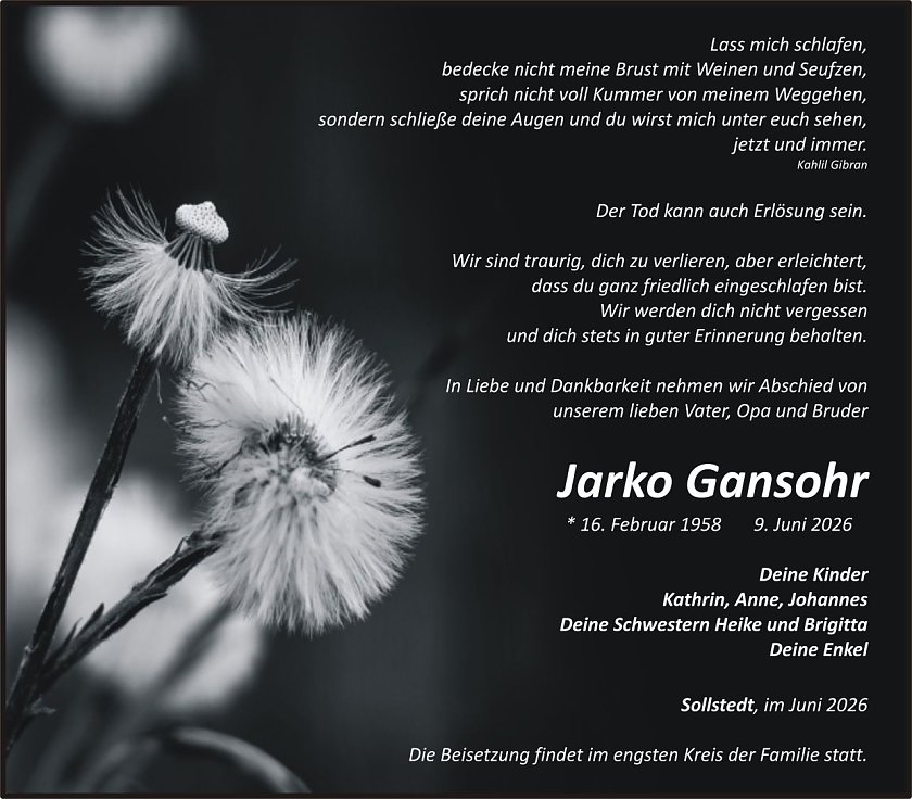 Traueranzeige Jarko Gansohr (Foto: keine Angaben)