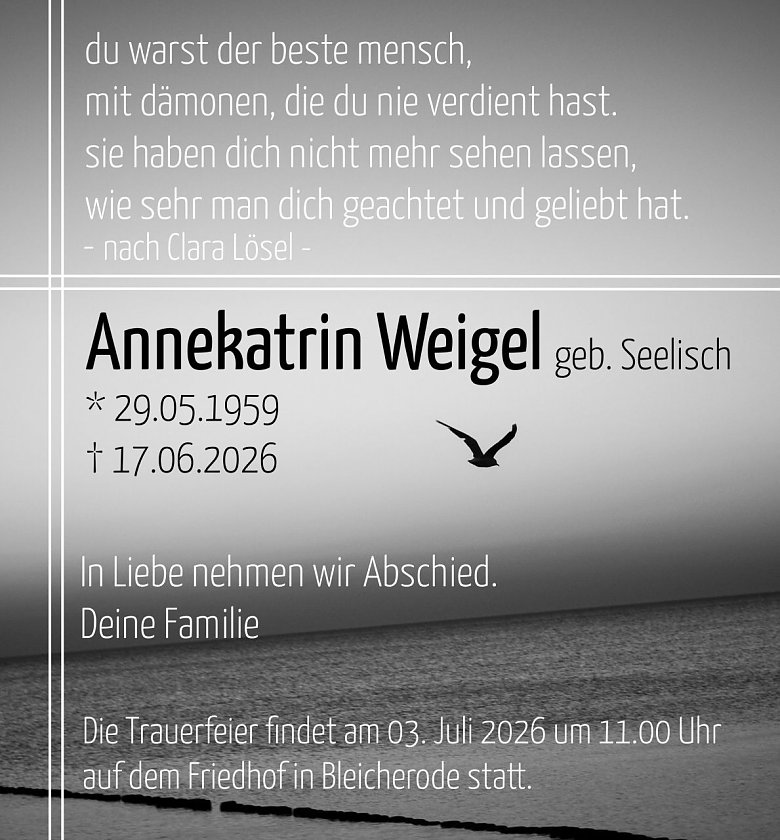 Traueranzeige im im Sterbefall Annekatrin Weigel (Foto: Bestattungshaus PENSELER)