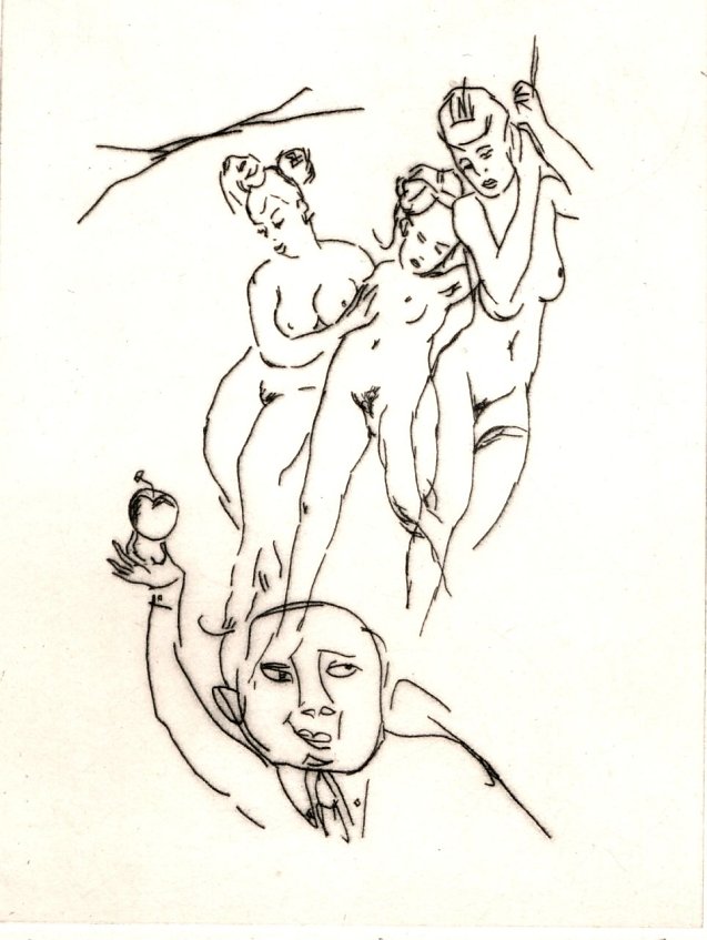 Bild: Gerd Mackensen, 2005, Kaltnadelradierung, Urteil des Paris, Jahresgabe, Repro Kneffel