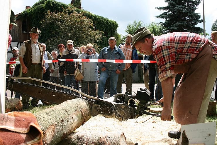 Uralte S&auml;getechnik in Aktion zeigten diese Waldarbeiter aus Stecklenberg