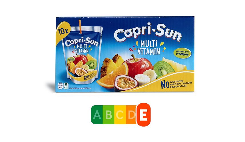 Zwar sind bunte Fr&uuml;chte prominent auf der Verpackung abgebildet � die Capri Sun Multivitamin enth&auml;lt jedoch lediglich 12 Prozent Frucht und daf&uuml;r ganze 9 Prozent Zucker, somit auch reichlich Kalorien � daher wird sie mit dem schlechtesten Nutri-Score E bewertet.