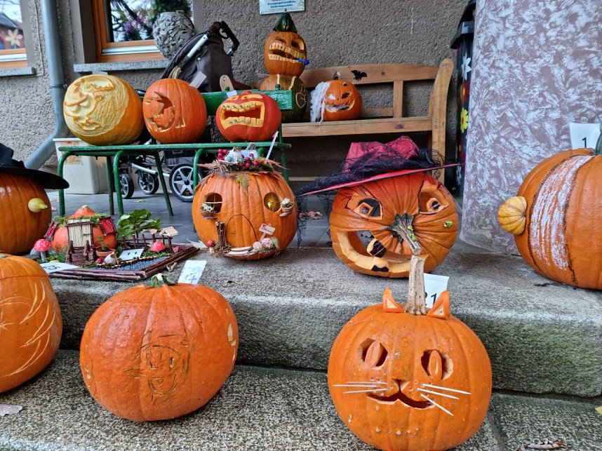 Mit sch&ouml;n geschnitzten K&uuml;rbissen startet man am Domschl&ouml;sschen in den Herbst