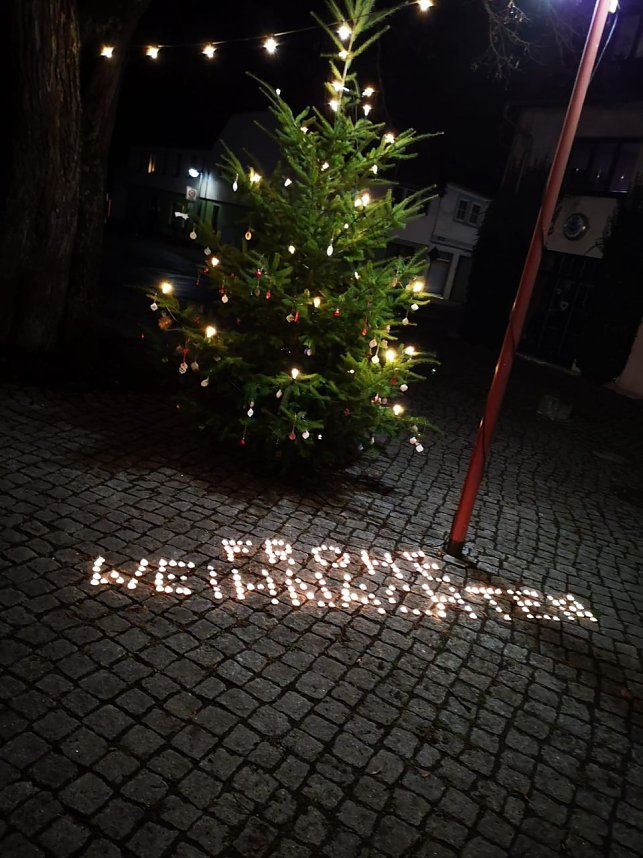 Der geschm&uuml;ckte Weihnachtsbaum im Dunkeln.