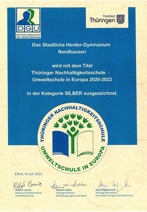 Das Herder-Gymnasium wurde als Umweltschule ausgezeichnet