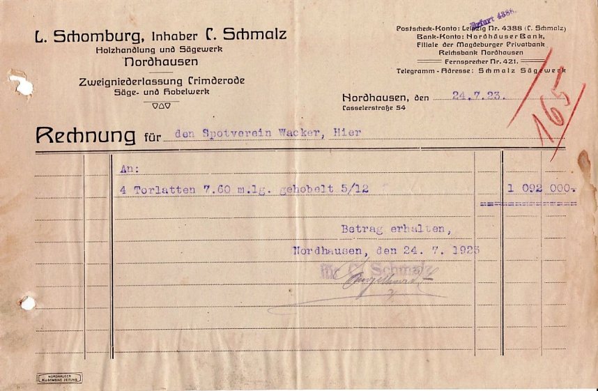 Rechnung f&uuml;r Torlatten aus dem Jahre 1923
